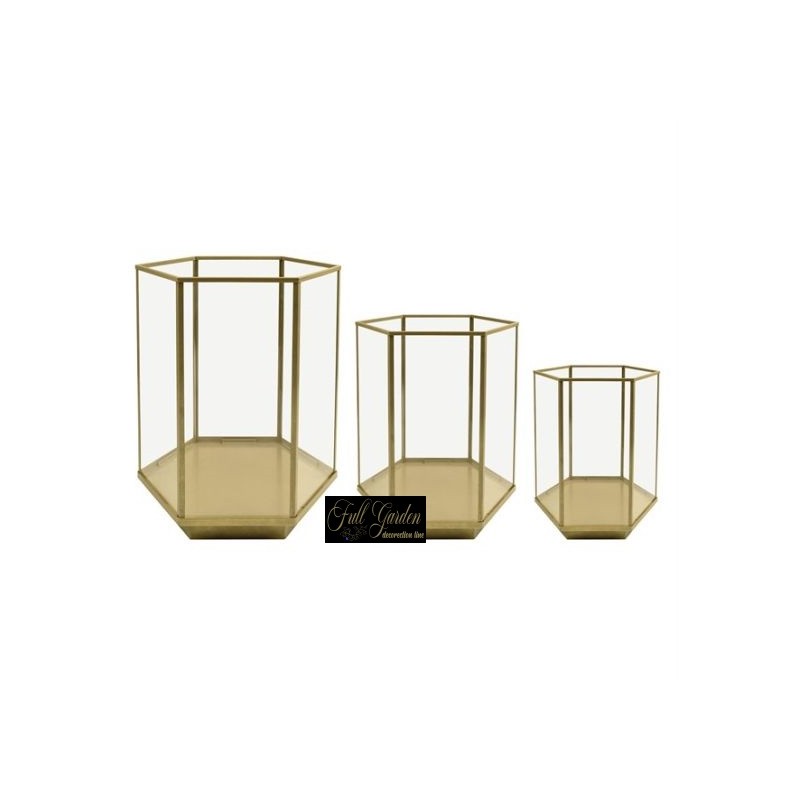 SET 3 PZ TERRARIUM VETRO METALLO ORO 350X300X540