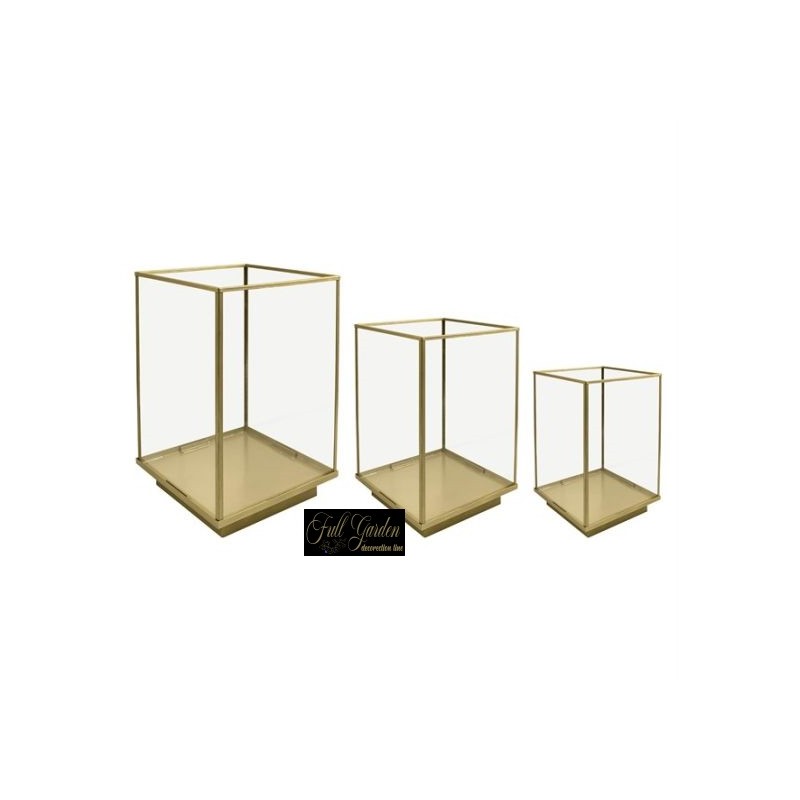 SET 3 PZ TERRARIUM VETRO METALLO ORO 300X300X540