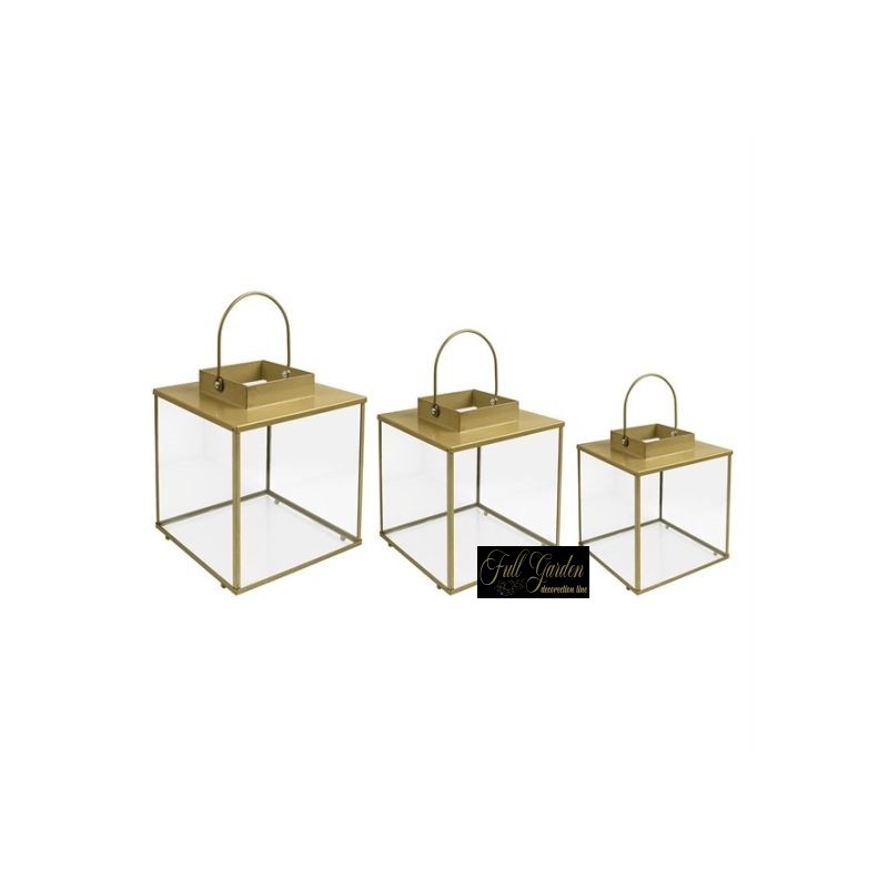 SET 3 PZ TERRARIUM VETRO METALLO ORO 300X300X330