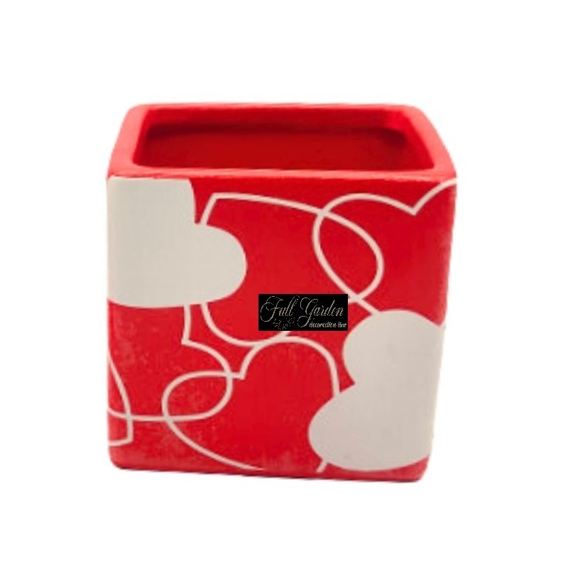VASO CERAMICA CUBO ROSSO CON CUORI