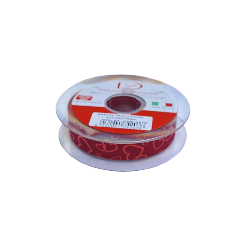 NASTRO VELLUTO ROSSO CUORI METAL MM25X10MT